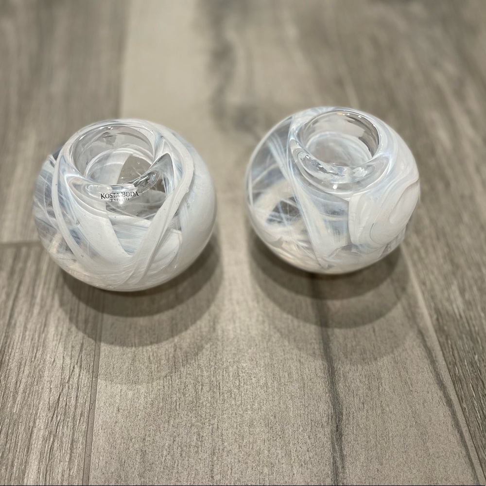 Vintage Kosta Boda white Art glass pair of tea glass candle holder votives